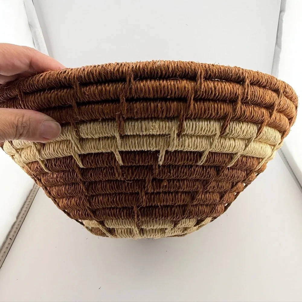 Handwoven Coiled Basket Bowl Brown Cream Boho Wall Decor Excellent